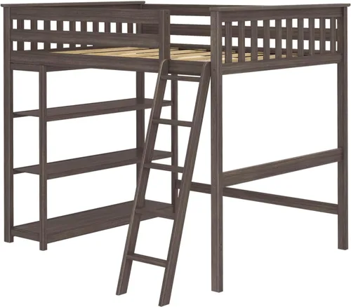 Vista 4 de Max & Lily Cama alta de tamaño matrimonial con estantería, arcilla, madera maciza, marco de cama moderno para niños/adolescentes, pino, acabado