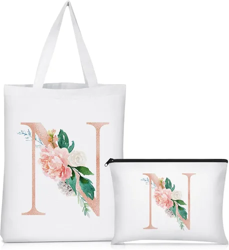 Vista 14 de Sanwuta 2 bolsas de lona con inicial, diseño floral con letras florales, bolsas de cosméticos de viaje, bolsas con monograma para mujer, mujer
