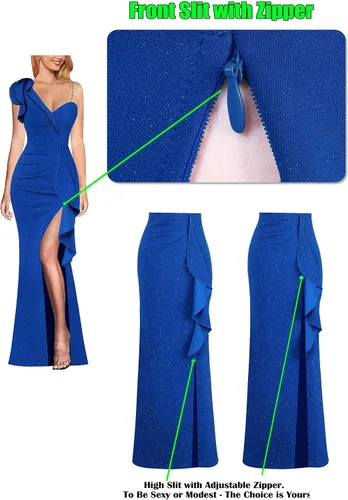 Vista 6 de VFSHOW Vestido largo de fiesta formal con volantes y tirantes para el hombro, para mujer, vestido largo sexy con cuello en V dividido para cóctel