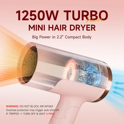 Vista 3 de PRITECH - Secador de pelo de viaje de doble voltaje de 1250 W con difusor, plegable Pink Blow Dryer with Concentrator,110V/220V Worldwide Use,Mini