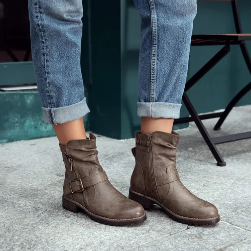 Vista 2 de Hawkwell Botas de combate para mujer, botas de tobillo con hebilla lateral y cremallera