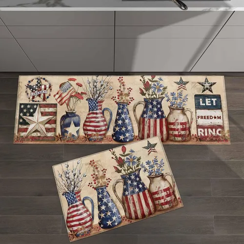 Vista 8 de T&H XHome Alfombras de camino de cocina del Día de la Independencia, 4 de julio, vintage, azul y rojo, con bandera de Estados Unidos, jarrón