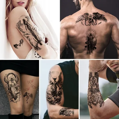 Vista 4 de 77 hojas de tatuajes temporales para mujeres y hombres, 17 hojas de tatuajes falsos grandes de ángel negro y diablo, 60 hojas de alas de corazón