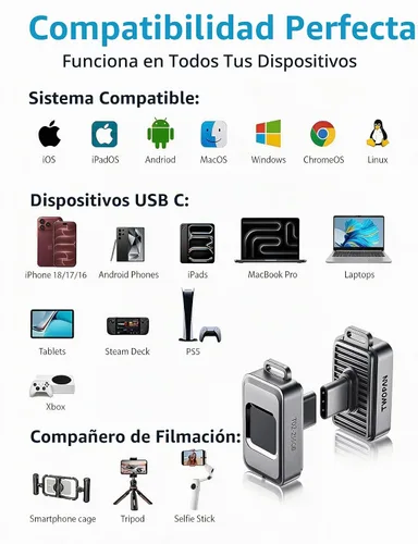 Vista 4 de TWOPAN Nano SSD de 256 GB, unidad flash USB C externa de almacenamiento SSD con bloqueo de huellas dactilares, hasta 450 MB/s, diseño para iPhone