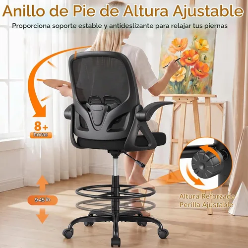 Vista 7 de ORRSAKER Silla de Dibujo Alta con Soporte Lumbar y Anillo Reposapiés, Silla de Escritorio Ergonómica Alta de Apoyo de Altura Extendida para Trabajo