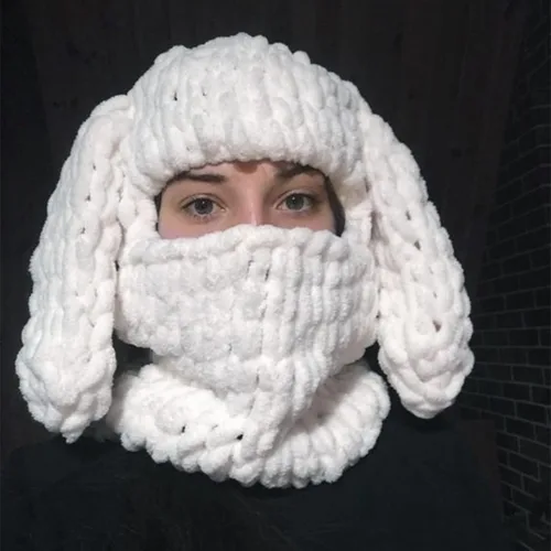 Vista 3 de Pasamontañas de ganchillo de punto para mujer, gorro de invierno con orejas de conejo, lindo suéter con bufanda y gorro de calavera cálida