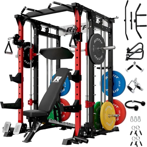 Vista 16 de RitFit Máquina Buffalo Smith, jaula eléctrica con sistema LAT-Pull Down y sistema de cruce de cables, estante de sentadillas todo en uno