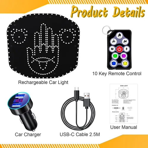 Vista 5 de Luz recargable para el dedo del automóvil, luz de gestos de dedo con patrones de expresión, batería integrada de 2000 mAh luces de gestos de mano