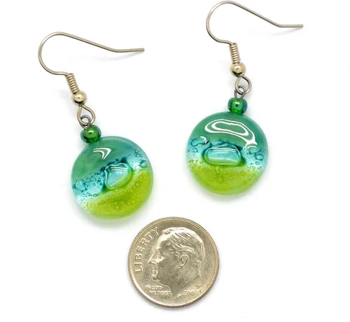 Vista 3 de Tiny Round Lime Green and Jade Green Fused Glass Drop Earrings - Fair Trade
