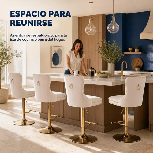 Vista 5 de ODUSE-DAILY Juego de 2 taburetes de bar giratorios de terciopelo beige con respaldo tapizado, taburetes de bar ajustables en altura de mostrador