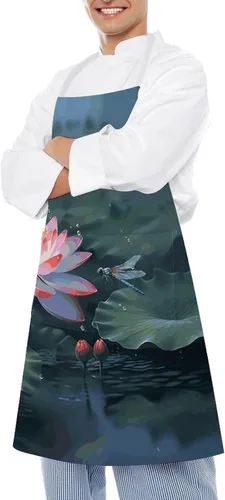 Vista 4 de MUSM Lotus Flower And Dragonfly Apron，Classic Vintage Funny with Pockets Aprons,Adjustable Bib Waterdrop Resistant for Kitchen Cooking Restaurant