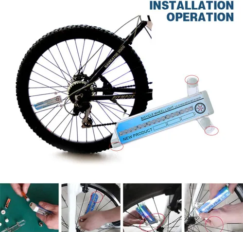 Vista 6 de Yunobi Luces de rueda de bicicleta - Luz de neumático de rueda, 32 patrones atractivos luz de bicicleta de doble pantalla radios luz de conducción