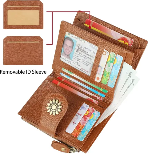 Vista 2 de Lavemi Cartera de cuero para mujer, pequeña, compacta, con bloqueo RFID, con bolsillo con cremallera