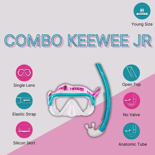 Vista 5 de Mares Keewee Junior - Juego de equipo de esnórquel para niños, máscara de silicona suave ajustable con correa elástica, esnórquel ergonómico