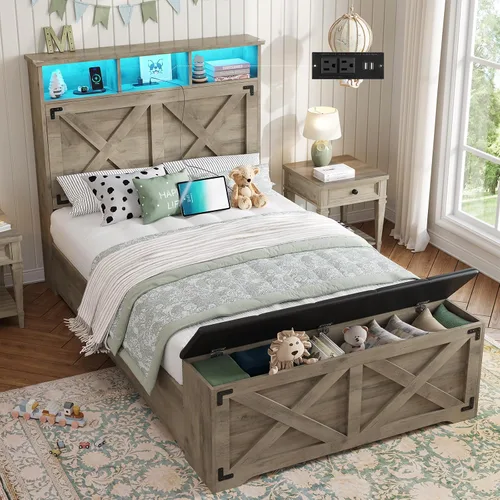 Vista 12 de DICTAC - Base de cama estilo granja tamaño Queen con cabecera de almacenamiento y estación de carga, base de cama de plataforma de madera