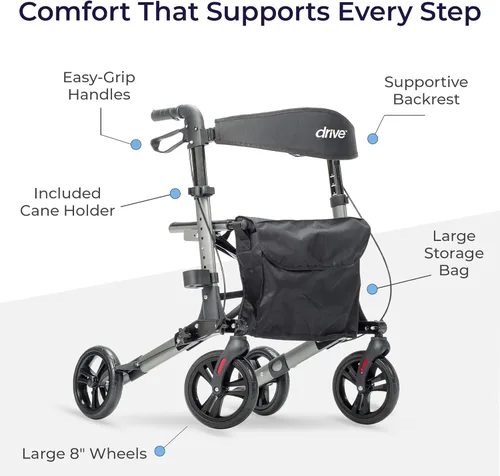 Vista 6 de Drive Medical Andador compacto plegable - Andador plegable liviano para personas mayores, andador de 4 ruedas con asiento y frenos, andador de viaje