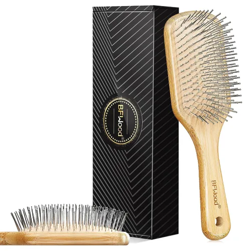 Vista 10 de BFWood Cepillo de pelo de paleta con cerdas de acero, cepillo de pelo de metal, ayuda al crecimiento del cabello y masaje del cuero cabelludo