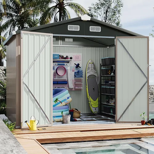 Vista 17 de Aoxun Cobertizo de almacenamiento de acero para jardín al aire libre de 6 x 4 pies con puerta con bloqueo impermeable y resistente a la oxidación