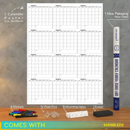 Vista 2 de Calendario grande de pizarra blanca de 36 x 48 pulgadas, calendario de borrado en seco para pared, calendario de pared grande de borrado en seco