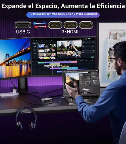 Vista 3 de Adaptador USB C a 3 × HDMI Divisor HDMI 4K60Hz Pantalla extendida Hub MST de 1 en 3 salidas con PD de 100 W para múltiples monitores convertidor