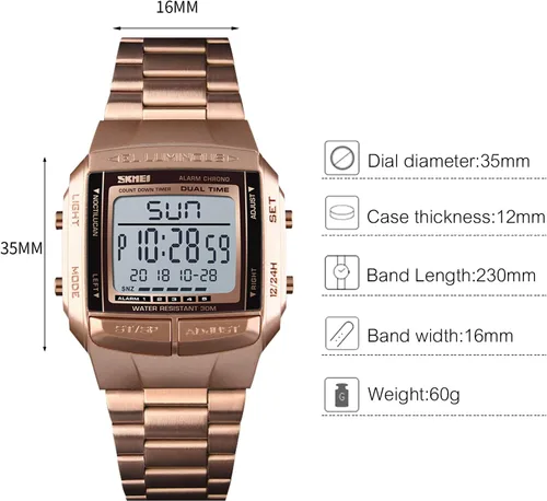 Vista 6 de RORIOS Reloj digital digital LED para hombre, multifunción, luminoso, de doble hora, electrónico, analógico, para hombre, Oro Rosa, Digital