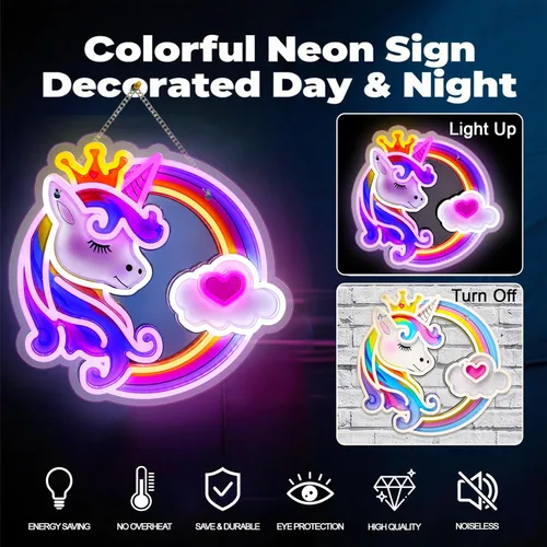 Vista 3 de Letrero de neón de unicornio para decoración de pared, 10 luces de neón de arco iris ajustables y regulables de colores para habitación de niñas