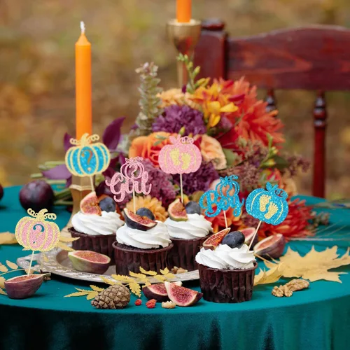 Vista 4 de 24 adornos para cupcakes de calabaza para niños o niñas con purpurina para revelación de género, decoración para cupcakes de calabaza, pies