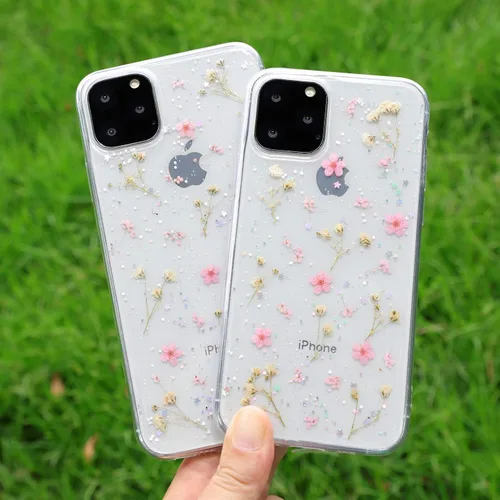 Vista 4 de Compatible con iPhone 15 Pro Max Flower Case, funda de goma suave y flexible prensada seca con flores reales para niñas, funda transparente