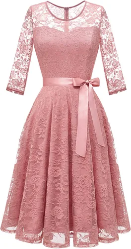 Vista 14 de Dressystar Vestido de encaje floral para mujer, corto, para dama de honor, con cuello transparente B- Borgoña