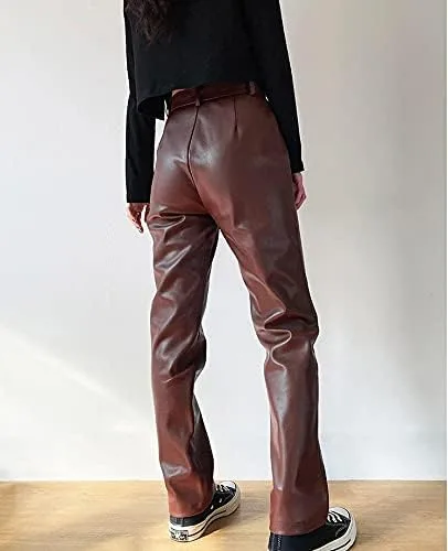 Vista 5 de Pantalones de piel sintética para mujer, cintura alta, pierna recta, pantalones de poliuretano vintage Y2k, ropa de calle sexy y holgada