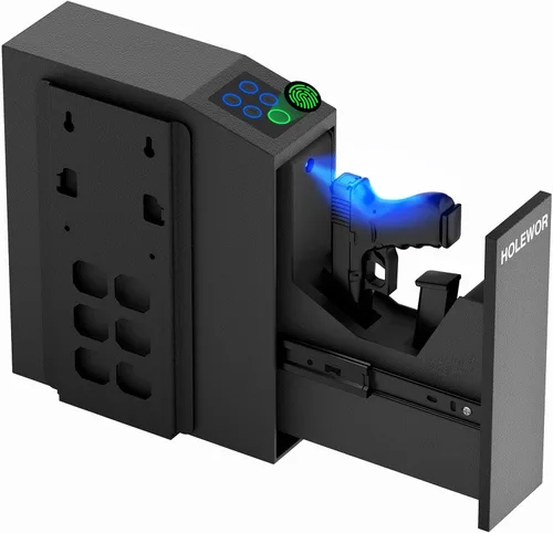 Vista 8 de HOLEWOR - Caja de seguridad para armas, caja de seguridad biométrica deslizante para pistola con huella digital, cerradura de arma de fuego