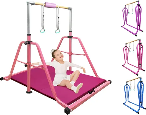 Vista 15 de Foldable Gymnastics Kip Bar with Rings & Bar Pad, 3 FT–5 FT Adjustable Horizontal Bar for Kids, 7-Level Height, 300 LBS Weight Capacity, Indoor Home
