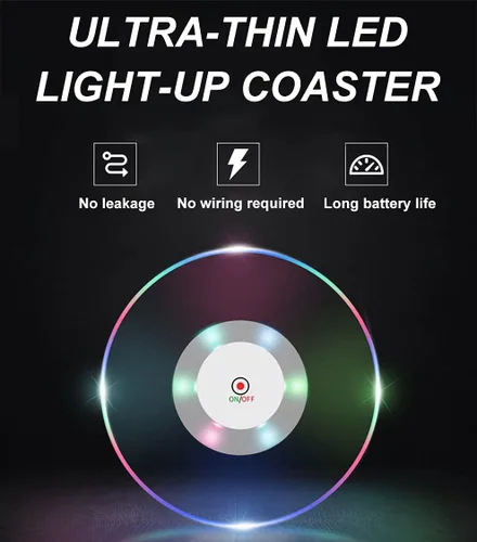 Vista 4 de Juego de 2 posavasos LED, posavasos LED para bebidas, luces de botella para botellas de licor, posavasos que se iluminan, posavasos de copa
