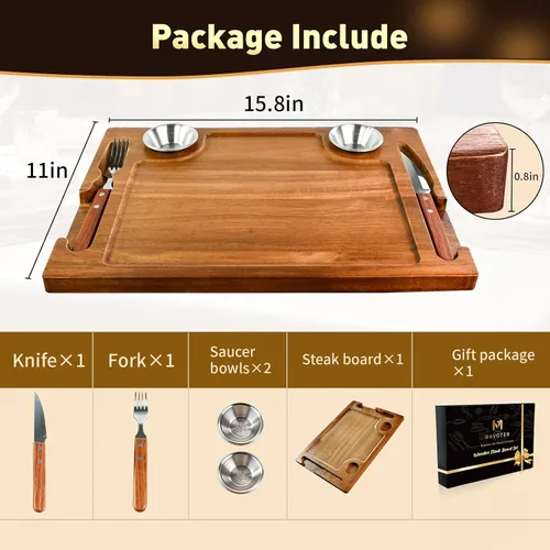 Vista 7 de MAVOTER Tabla de Bistec de Madera de Acacia - Plato de Bistec Tabla de Cortar con Tenedor, Cuchillo y Ramequines Tabla de Servir de Madera