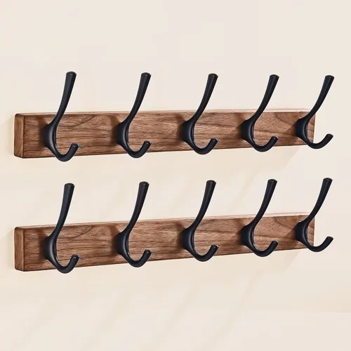 Vista 15 de Perchero de pared pequeño de madera de nogal de 17.3 pulgadas con 4 ganchos, colgador de chaquetas de madera resistente montado en puerta