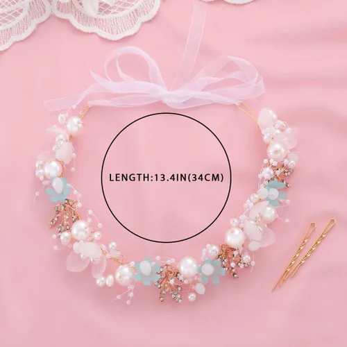 Vista 5 de Campsis Diadema para niñas con perlas y flores, diadema de boda de cristal azul, accesorios para el cabello para niñas