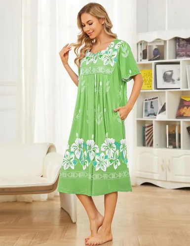 Vista 5 de Bloggerlove Camisón hawaiano para mujer, vestido de casa hawaiano Muumuu con estampado de tumbona, vestido de patio con bolsillos Moomoo