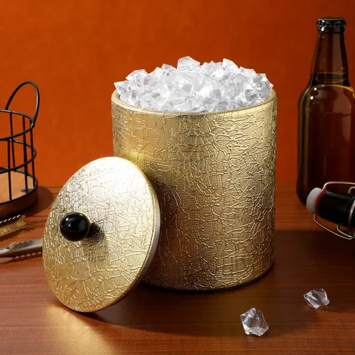 Vista 6 de Cubo de hielo con tapa, 2.8 L, doble pared de acero inoxidable que mantiene el frío durante más tiempo, cubo de hielo dorado aislado con pinza