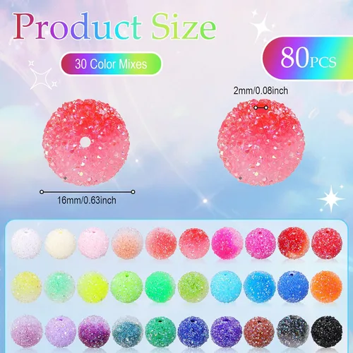 Vista 2 de Huquary 80 cuentas de diamantes de imitación para bolígrafos, hacer joyas, cuentas de azúcar para pulseras, bolas redondas de discoteca, chicle