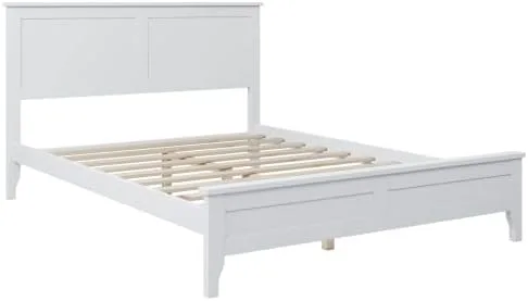 Vista 7 de Majnesvon Cama de plataforma de tamaño matrimonial con cabecera y estribo, cama de plataforma de madera maciza blanca de estilo conciso tradicional