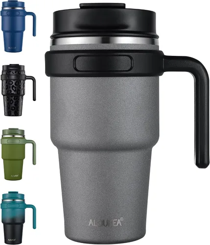 Vista 17 de Taza de café aislada de 20 onzas con asa, vaso de viaje de acero inoxidable con tapa y popote, taza térmica de doble pared al vacío a prueba de Negro
