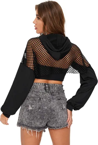 Vista 2 de Floerns Sudadera con capucha de manga larga con contraste de malla para mujer