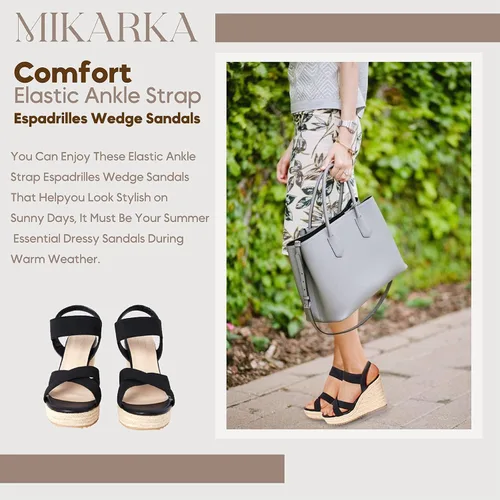 Vista 3 de mikarka Sandalias de cuña con punta abierta para mujer, con correa elástica en el tobillo, sandalias de plataforma elegantes y cómodas