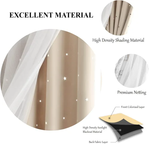 Vista 3 de Loyala Cortinas opacas de doble capa con diseño de estrellas para dormitorio de niños, bonitas, 63 pulgadas de largo, juego de 2 paneles, beige, 42