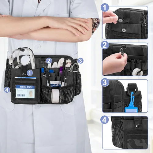 Vista 2 de Damero - Cangurera para enfermera con múltiples compartimentos y soporte para cinta, color negro Nurse Tool Belt Utility Nurse Waist Bag with