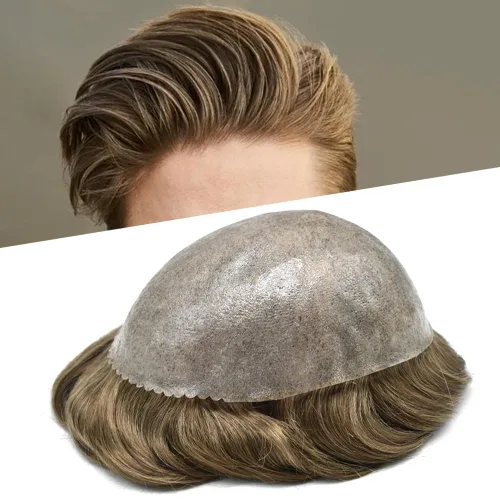 Vista 238 de Toupee para hombre 100% cabello humano real tupé para hombres 0.004 in piel de poliuretano para hombre, sistema de reemplazo de piezas de pelo