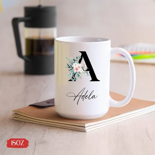 Vista 5 de Tazas de café blancas personalizadas con nombre, taza con nombre personalizado con inicial, taza de cerámica floral personalizada, regalo