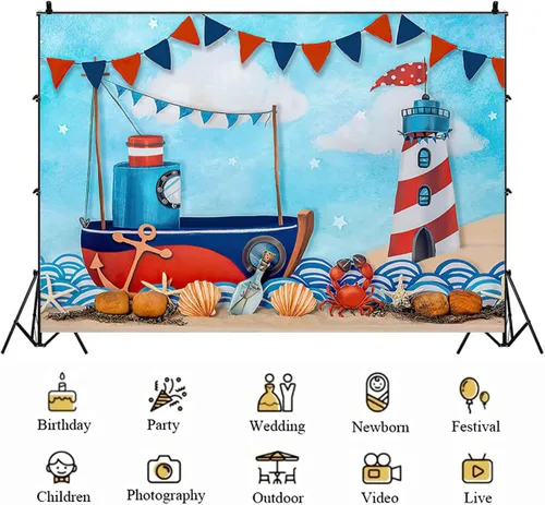 Vista 5 de Fondos de fotografía náutica de verano para vacaciones, velero, faro para niños, decoración de fondo de cumpleaños para niños, fiesta temática