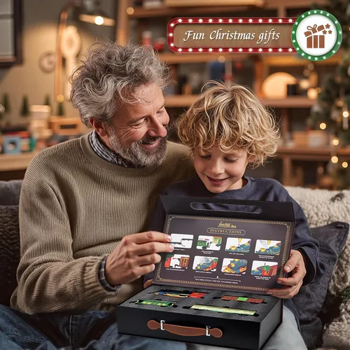 Vista 7 de Caja de regalo de tren eléctrico de vapor de Navidad con pista, luces, música, humo, batería recargable USB, incluye locomotora y autos