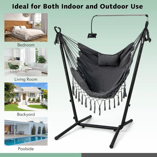 Vista 9 de Tangkula Silla hamaca con soporte, estilo bohemio macramé con soporte, soporte para teléfono celular, silla colgante ajustable en altura